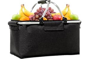 CUINIUNAID Panier à provisions pliable 18,5 l avec isolation - Grand panier à provisions pliable avec couvercle - Avec poignée - Panier de courses - Panier de pique-nique - Panier à provisions pliable