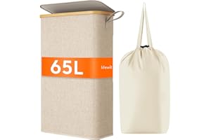Lifewit 65L Wäschekorb Schmal mit Deckel, Faltbarer Wäschesammler Schmal mit Wäschesack, Laundry Basket Wäscheboxen aus Bambus mit Tragegriff für Apartment, Wohnheim und Wohnwagen, Beige