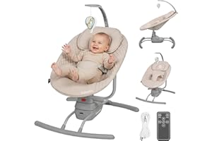 LIONELO Rio - Balancín eléctrico para niños de hasta 9 kg, respaldo ajustable, balancín de 3 velocidades, cinturones de seguridad con cojín, melodías y sonidos de la naturaleza, arco con juguete,