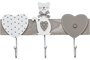 SPOTTED DOG GIFT COMPANY - Appendiabiti da parete con motivo gatti e cuori - con 3 ganci - in legno - idee regalo - grigio/bianco