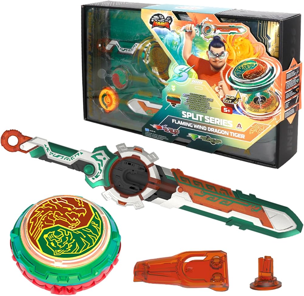 Infinity Nado - Spinning Top Boys, Battle Tops Launcher, Beyblade Nado, Metal Oyuncak, 5+ Yaş, Bölünmüş Seri - Alevli Rüzgar Ejderha Kaplanı, Yeşil