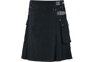 NORTH EDGE Men's Scottish Black Utility Cotton Kilt Fashion Sport Black Utility Skirt Two Cargo Pockets with Adjustable Leather Straps
