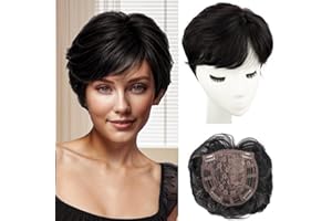 PORSMEER Topper per capelli Clip Frangia,nero naturale da donna, Corti Lisci Posticci, Pixie Cut parrucche, per capelli sottili, clip in wiglet con frangia per aggiungere capelli volume