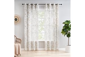 Treatmentex Cortinas Traslúsidas con Estampado de Hojas para Salón, Cortinas de Ventana Botánicas para Dormitorio con Textura de Lino Claro 2 Piezas, 136x175cm, Blanco y marrón Claro