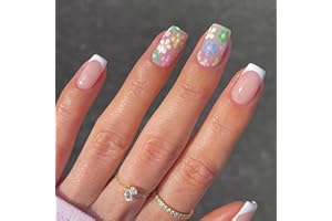 Agasar 24pcs French False Nails Short Square White Tip Stick on Nails Daisy Flower Press on Nails Removable Glue-on Nails Fake Nails Women Girls Nail Art Accessories