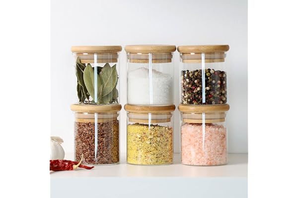 Jinelza glass jars with wooden lid glass jar set food storage containers Borosilicate glass jar Set/Suit for Sugar, Tea, and Other Dry food storage (220ML JARS, 6 PCS, Transparent)