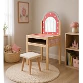 ROZİTOYS Ahşap &Ccedil;ocuk Makyaj Masası ve Taburesi, Aynalı Makyaj Masası Seti, Oyuncak Rol Yapma ve Evcilik Seti, Kız &Ccedil;ocuk 3 Yaş