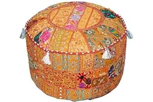 ‎AAKRITI GALLERY Aakriti Indian Pouf Fußhocker mit Stickerei Pouf, indische Baumwolle, Pouffe osmanischen Pouf Cover mit ethnischem Dekor Kunst - Cover (Orange, 46x33 cms)