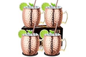 LIVEHITOP Moscow Mule Taza de Cobre Set of 4, Mula de Moscú Copas de cóctel con Costers y Abridor de Cerveza, para Fiesta, Bar, Casa, Hotel (Pack of 4)
