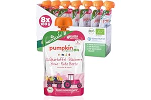 ‎PUMPKIN ORGANICS Bio Quetschie Süßkartoffel, Blaubeere, Birne, Rote Beete, Hafer & Rapsöl - Gemüsepüree, Fruchtmus und Getreide für Babys ab dem 6. Monat. Recycelbarer Quetschbeutel, 8er Pack (8x100g)