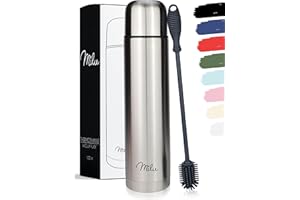 Milu Bouteille isotherme en acier inoxydable - 1L, 750ml, 500ml - Thermo Double Paroi, Sans BPA, Transport Café, Thé, Eau.(Argent, 1000 ml)