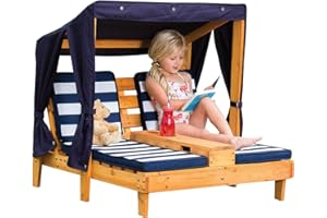 KidKraft Double Garden Sun Lounger for Kids with Canopy and Cushions, Wooden Garden Chairs, Outdoor Garden Furniture For Children, Navy & White, 00524