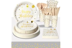 PYAILI Compleanno Stoviglie Oro Bianco 193 Pezzi Set Include Piatti, Tovaglioli, Tazze di Carta, Adatto a Tutti i tipi di Feste a Tema -24 Ospiti