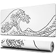 Ovenbird Gaming Mouse Pad with Stitched Edges, Japanese Wave White, Extended XL, Anti-Slip Base, Cool Large, 31.5 x 11.8 in, White