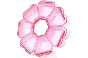 FHORAIN Tygodniowy organizer na tabletki, uroczy, 7 dni, duże przegródki, przenośne pudełko na tablet, okrągłe, etui na witaminy i suplementy (przezroczysty róż)