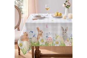 Softalker Easter Tablecloth Wipeable White & Grey Gingham Table Cloths 137x137cm Square Tablecloths Bunny Small Table Cover Water Resistant for Spring Summer Outdoor Party Birthday Coffee Decorations