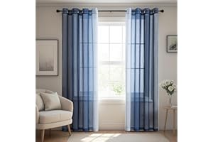 BellaHills Cortinas Azul Marino 2 Piezas 140x175cm Cortinas y Visillos de Aspecto de Lino para Balcón Comedor,Visillo Moderno Degradado