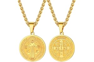 U7 Collar con colgante de cruz de San Benito – Cadena crucifijo – Chapado en oro – Acero inoxidable – San Benito Exorcista – Joyas cristianas – Moneda Jesús – Cruz latina (con caja de regalo)