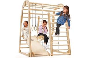 GOODEVAS Wooden Kids Climbing Frame Indoor – Montessori Playground with Slide, Climbing Wall, Rope Ladder – Montessori Gym for Children Ages 3 to 8