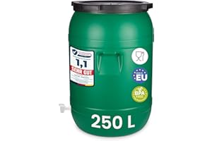 Garronda 250 litros con Grifo Bidón de plástico, Barril alimentario en HDPE y sin BPA, depósito de Agua, Barril Universal de Boca Ancha, tonel de jardín, Contenedores de Almacenamiento GD-0142, Verde