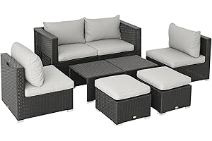 Outsunny 8 Pieces Rattan Garden Furniture Set, Garden Corner Sofa Set with 4 Chairs, 2 Footstools, 2 Coffee Tables and Cushions, Space-Saving Design, No Assembly Required, Black