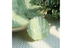 UNIQOOO 13Pcs 4'' Baby Monthly Milestone Cards with Printed Sage Green, Photo Props Discs, Round Baby Months Growth Sign for Boy, Girl, One Month to One Year & Hello World Card, New Baby Gifts