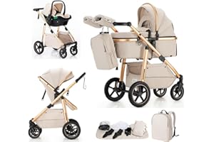 Lnhcrbs 3 in 1 Stroller, Baby Stroller 3 in 1 with Car Seat with Adjustable Handle, Baby Pram with Lockable Front Wheels, for 22kg, 0-4 Years（Beige）
