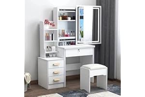 Altsuceser Escritorio de tocador con espejo deslizante y luces, tocador de dormitorio, mesa de maquillaje con cajones y estantes, espejo de tocador de 3 colores ajustables de color blanco