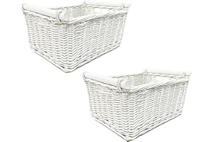topfurnishing Kitchen Log Wicker Storage Basket With Handles Xmas Empty Hamper Basket (Set of 2 X Large, WHITE) 51 X 41 X 22 cm