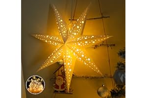 HOUISM Paper Star Lanterns Christmas Hanging Paper Star Lampshade, Christmas Window Lights Decorations White Hanging Stars for Xmas Wedding Party Home - 3PCS with 3*Fairy Lights