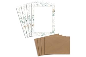 GLÜXX-AGENT Set di 50 fogli di carta da lettere DIN A5, carta naturale color crema con cornice con rami di eucalipto, con buste DIN C6 in marrone sabbia, fogli stampabili, ideali per inviti di nozze