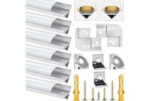 Chesbung Profilé Aluminium LED - 6x1mètre Aluminium Profilé V-forme pour Bandes à LED, Compact Finition Professionnelle avec Blanc Laiteux Couvercle,Embouts,Clips de Montage en Métal,Embouts Jaunes