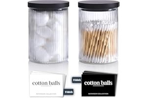 Mason & Fable Ribbed Glass Bathroom Jars with Black Lids, Cotton Bud/Q tip Canisters, Cotton Pad Dispenser, Makeup Holder | Hair Accessories Storage Organizer for Vanity – Set of 2