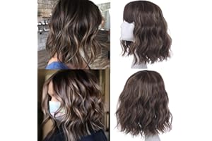 Leeven Szara peruka Bob 35,5 cm, peruka z grzywką, syntetyczna, luźna, falowana, długość do ramion, naturalna peruka do kostiumu, peruka z grzywką/szara