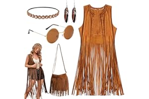 AUNGCSHE Hippie Kostüm Damen Set, Fransenweste Hippie Kleidung Damen, 60er 70e Hippie Accessoires, Hippie Bolero Karneval Halloween Faschingskostüme