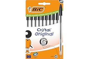 BIC Penne a Sfera Cristal Original con Punta Media (1,00 mm) e Tappi Abbinati al Colore dell’Inchiostro - Nero, Confezione da 10