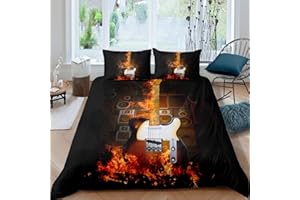 LOUSSIESD Gitarre Bettw?sche Set 135x200cm Rockmusik Themenbetten Set für Kinder Jungen M?dchen Teens Feuer Musikalisches Muster Bettbezug Set Sound Lautsprecher E-Gitarre Raumdekor 2St