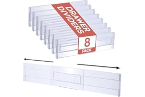 Homiu 8 Pack Drawer Dividers Plastic - 3.2" High,12.1-21.4" Adjustable Drawer Organisers for Clothes - Expandable Dresser Separators in Bathroom, Bedroom, Kitchen, Office Storage Desk Organiser