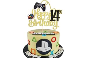 SYKYCTCY 1 Pack Video Game Happy 14th Birthday Cake Topper Glitter Video Game Cake Pick Game On Controllers Fourteenth Cheers to 14 Years Cake Decoration for Happy 14th Birthday Party Supplies Gold