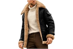 GENERIC Fleece Jacket Mens Vintage Flight Bomber Jackets Faux Shearling Aviator Leather Jacket Zip Up Thick Furry Windproof Winter Outerwear Cargo Patchwork Waterproof Coat with Plush Collar