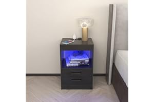 HAODACULTURE Mesita de noche con estación de carga y LED,Mesitas Auxiliares con Cajón y Compartimiento Abierto Mesita de noche LED Ajustables de 16 Colores Unidad de Almacenamiento para sala de estar (negro)