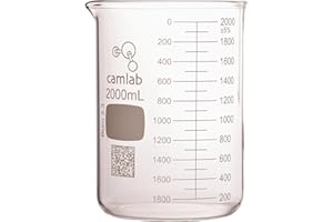 Camlab Graduated 3,3 Borosilicate Glass Low Form Beaker, With Spout, Griffin Beaker, Chemically Resistant and Heat Resistant, 2000ml Glass Beaker, Pack of 1