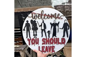 SUSHI KONG Halloween Horror Welcome Sign for Front Door, Horror Movie Characters Door Hanger Scary Halloween Decorations Wood Wreath Hanging Door Sign for Farmhouse Porch Wall Decor Outdoor