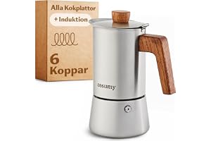 Cosumy Espressomaskin av rostfritt stål och hållbart ekfat - För 6 koppar - Lämplig för induktion - Med extra silikonförsegli
