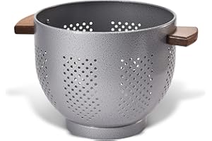 BEIFEIER Metal Colander with Wood Handle, Powder Coated Kitchen Essential 22cm Metal Strainers,Large Kitchen Strainer with Stable Base Perfect for Pasta, Fruits,Vegetables (Grey hammertone)