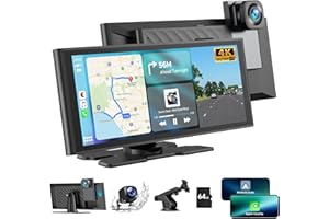 HOTPEAK 9.26'' Carplay Screen for Car with 4K Dash Cam, 1080p Backup Camera, Portable Car Stereo for Apple Car Play Android Auto Wireless, Mirror Link, GPS Navigation, G-Sensor, Loop Recording, AUX,FM