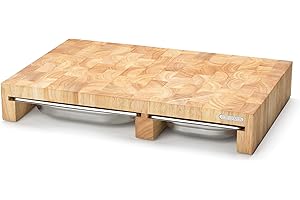 CONTINENTA Schneidebrett Mit 3 Auffangschalen | Holzbrett Mit Hitzebeständigem Edelstahl-Tablett | Aus Nachhaltigem Stirnholz (50x32,5x8,5cm)