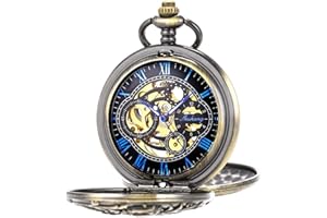 SIBOSUN Pocket Watch with Chain, Vintage Classic Double Hunter Hollow Mechanical Pocket Watches,Engraved Roman Numerals Hand Wind Watch for Men Women & Gift Box