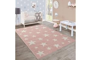 Paco Home Kids Rug, Nursery Rug Childrens Room In Pastel Colours With Star Motifs, Size:160x220 cm, Colour:Pink-Rose