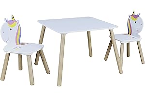 HOME DECO KIDS - HD6764 Table et 2 Chaises Licorne pour Enfants - Mobilier Déco Chambre, Bois MDF et Pin, 55 x 55 x 43 cm, Blanc-Fuchsia-Turquoise-Violet